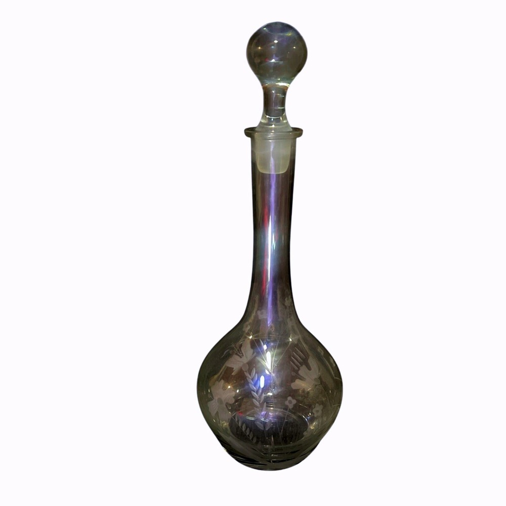 Vintage Romanian 15.7 Tall Sand Etched Floral‎ Decanter Glass W/ Stopper